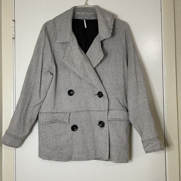 FREE PEOPLE oversized herringbone tweed black white double breasted pea coat XS - Picture 2 of 6
